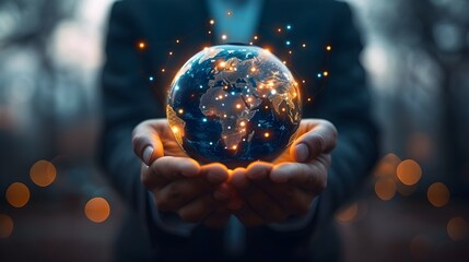 A pair of hands holds a transparent globe with digital connections representing the network, global communication - obrazy, fototapety, plakaty