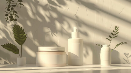 Warm sunlight casts natural plant shadows on a minimalist set of skincare products on a light surface