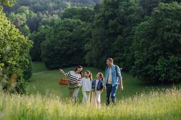 Family on walk in forest, going through meadow. Picking mushrooms, herbs, flowers picking in basket, foraging. Concept of family ecological hobby in nature. - 755138716