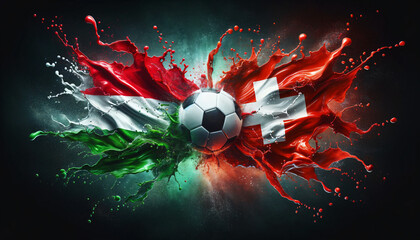 liquify country flags of Hungary and Switzerland splash towards each other, with a soccer ball in the middle, football EM 2024, Group phase matchday 1, Generative ai