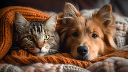 Adorable kitten and puppy show off their unlikely friendship. Cat and dog together - obrazy, fototapety, plakaty
