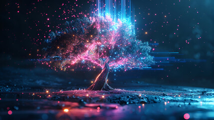 Sparkling Colorful Fluorescent Data Tree Bokeh Digital Art Concept - obrazy, fototapety, plakaty
