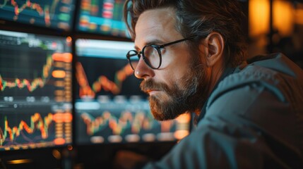 A man working at the stock market and looking at the share prices on a monitor and chasing money. Generative AI.