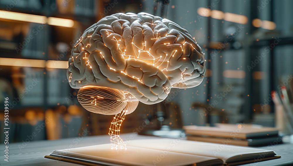 Fototapete Focused brain model with memory-related symbols, neural pathways illuminated. Generative AI.