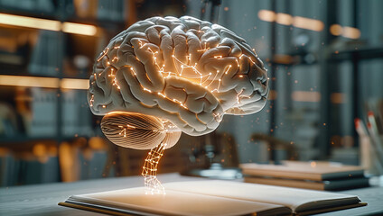 Focused brain model with memory-related symbols, neural pathways illuminated. Generative AI.