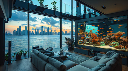 Giant saltwater fish tank in a modern penthouse apartment with floor to ceiling windows. Generative AI. - obrazy, fototapety, plakaty