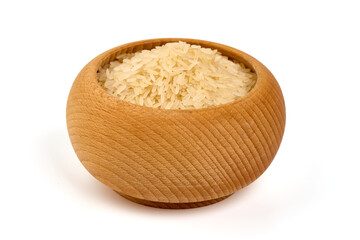 Parboiled rice in a bowl, isolated on white background.