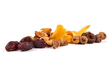 Healthy snack: mixed dried fruits, dried mango, dates, figs, dried persimmon, isolated on white background.
