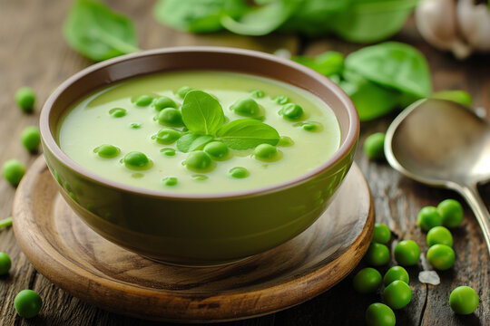 Grean pea soup in a bowl on a table