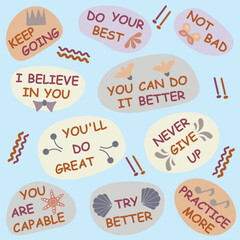 Vector Motivational Collection of stickers with the words Practice more Never give up