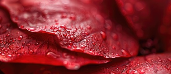A close up of a crimson rose with dew drops glistening on its petals, showcasing intricate patterns and hues of carmine in macro photography