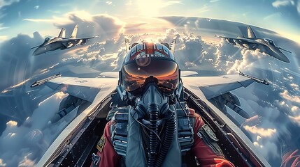 Jet fighter pilot sitting in Cockpit in flying jet, two jets in background flying in formation, Clouds, sun. Generative AI. - 755140567