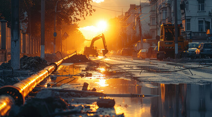 An excavator stands far away on a street where workers are repairing underground water pipes, the golden hour. Generative AI.