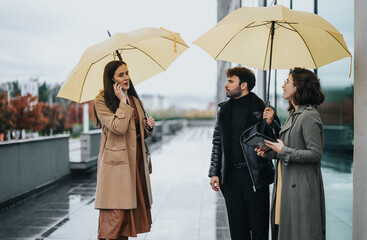 Three, stylish, business professionals with yellow umbrellas on a rainy day discussing work outdoors.