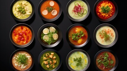 Variety of restaurant hot dishes, healthy food. Japanese, asian soup, english soup, mushroom chicken soup, isolated on white. Big set of soups from worldwide cuisines, healthy food. - obrazy, fototapety, plakaty