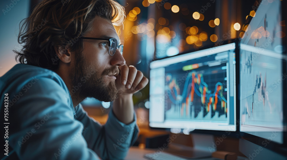 Poster A man analyzing a charts of his saving going up on his computer. Generative AI.