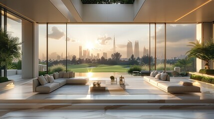 Minimal luxury villa living room interior with panoramic windows, golf field view. Generative AI.