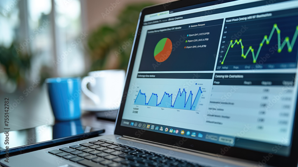 Poster Showing a computer or tablet displaying modern financial graphs, evoking digital management of accounting. Generative AI.