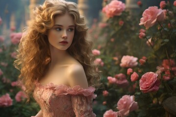 Naklejka premium Serene India lady rose garden nature. Person beauty. Generate Ai