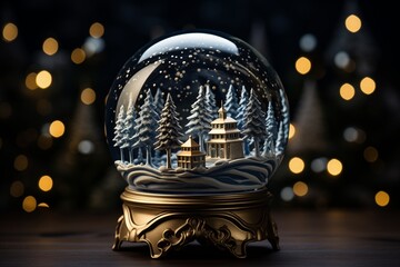 A snow globe with a winter scene inside, placed on top of a wooden table.
