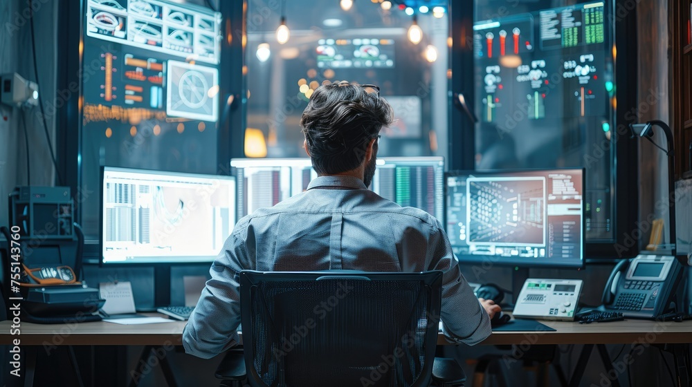 Poster a man sits at a desk with three monitors, in the style of industrial angles, building engineering. g