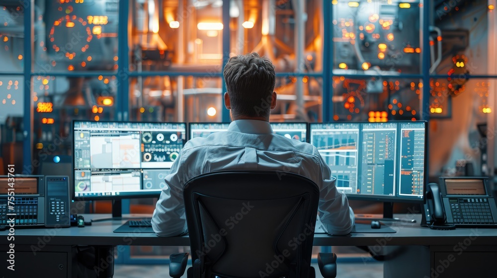 Poster a man sits at a desk with three monitors, in the style of industrial angles, building engineering. g