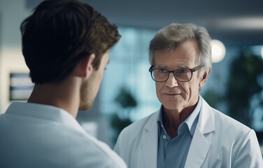 Two doctors, a man in a white lab coat talking to another man in similar clothes, are having a discussion.