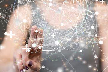 abstract lines with dots over dark background.