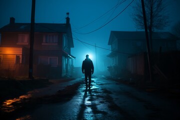 A man stands alone in front of a house, silhouetted against the eerie backdrop of a foggy night.