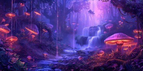 A breathtaking digital painting of a fantasy forest with towering mushrooms aglow with internal light, amidst an ethereal misty landscape. Resplendent.