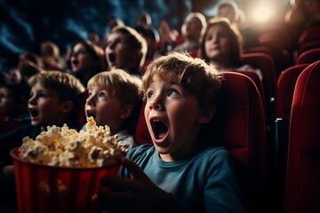 A young boy is sitting with his mouth open, engrossed in watching a movie on the screen in front of him. - obrazy, fototapety, plakaty
