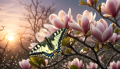 Poster colorful swallowtail butterfly on magnolia flowers at sunrise © Oleksii