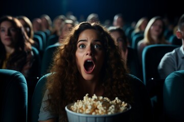 A woman with her mouth open in surprise at a movie theater, captured in a moment of shock or excitement.