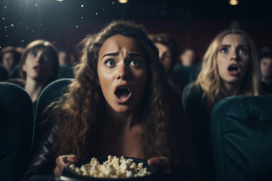 A woman with her mouth open in surprise at a movie theater, captured in a moment of shock or excitement.