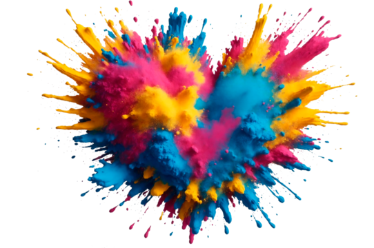 Multicolor colorful paint heart splashes multicolor powder explosion isolated. Multicolored powder explosion in the shape of a heart. paint holi Dust colorful explosion concept. - Powered by Adobe
