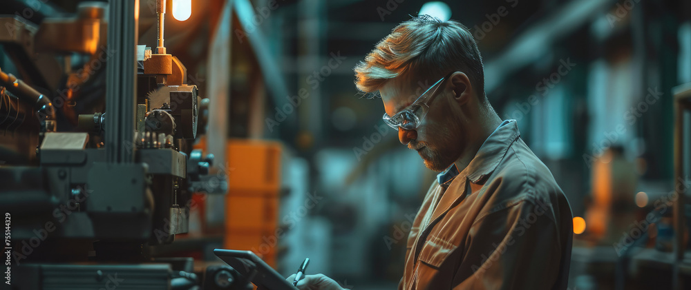 Leinwandbilder man working on tablet in manufacturing dark factory and machines. generative ai.