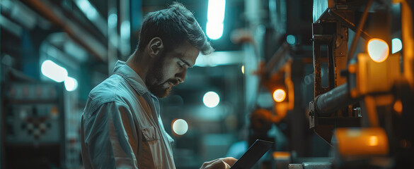 Man working on tablet in manufacturing dark factory and machines. Generative AI.
