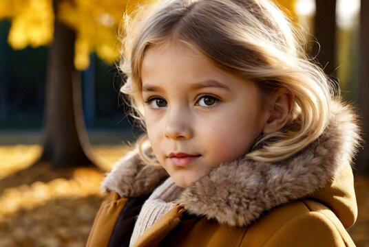 Face pensive little girl child model in coat posing in autumn sunlight park, looking at camera. Sad cute lady kid in fall nature leisure activity. Childhood vitality concept. Copy text space for ad
