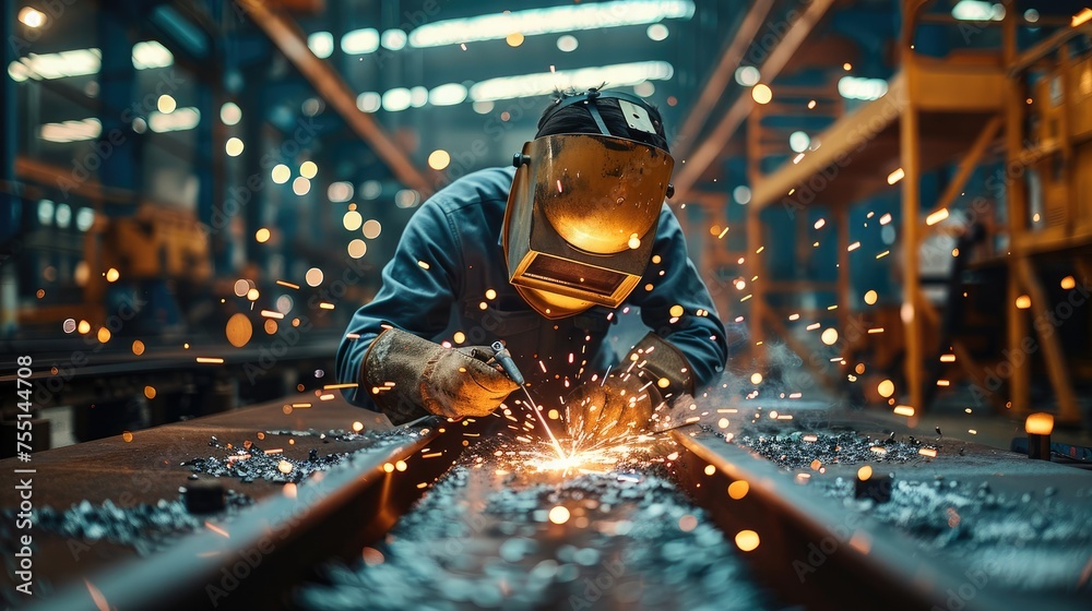 Poster one person welding metal with sparks coming from the machine at factory. generative ai.