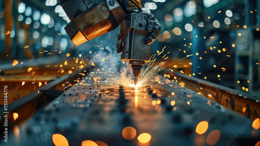 Poster one person welding metal with sparks coming from the machine at factory. generative ai.