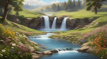 A tranquil waterfall flowing through a peaceful meadow, its gentle ripples creating a mesmerizing dance with the surrounding wildflowers. - obrazy, fototapety, plakaty