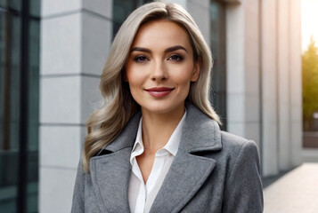 Happy stylish lady businesswoman in grey coat posing at entrance business building corporate, smiling looking at camera. Portrait young woman near office house in business district. Copy ad text space