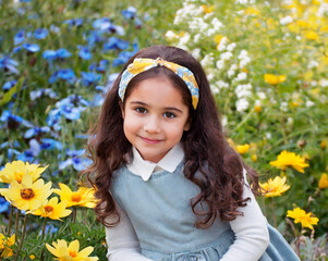 Young Hispanic Girl In Flower Garden