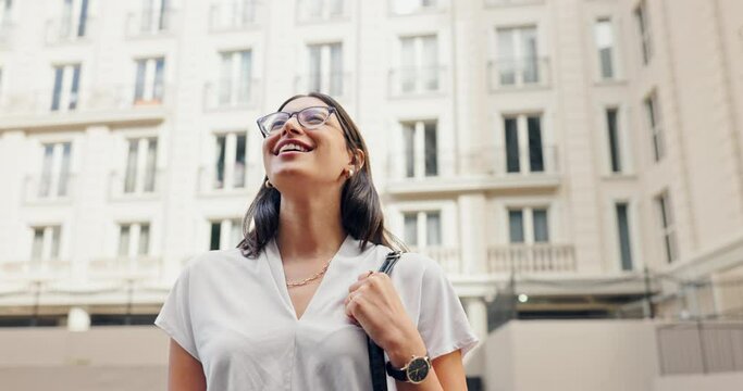 Travel, thinking and business woman in a city with goal, ambition and future vision outdoor. Job, opportunity and female entrepreneur in London with immigration choice, idea or planning career path