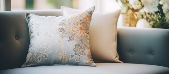 A close-up view of a luxurious pillow resting on a stylish couch in a well-decorated living room interior. The pillow complements the overall aesthetic of the space.