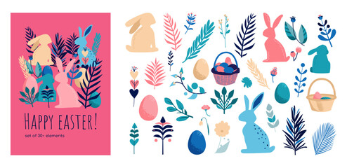 Set of Easter elements. Vector minimalistic illustration of bunnies, flowers, twigs, basket and eggs. Flat composition.