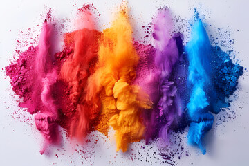 Holi background, voluminous and airy colored powder on a light background with empty space for design.