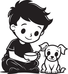Furry Friendships Boy Feeding Puppy Emblematic Graphic Paw some Adventures Small Boy and Puppy Vector