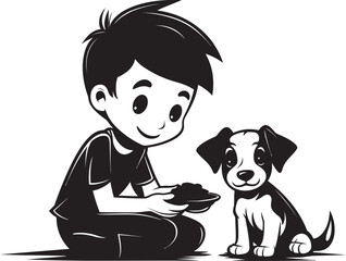 Cheerful Companionship Boy Feeding Puppy Symbol Tender Tails Cartoon Vector Emblem