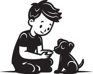 Heartwarming Hugs Cartoon Small Boy Symbol Playful Pals Boy Feeding Puppy Emblematic Design